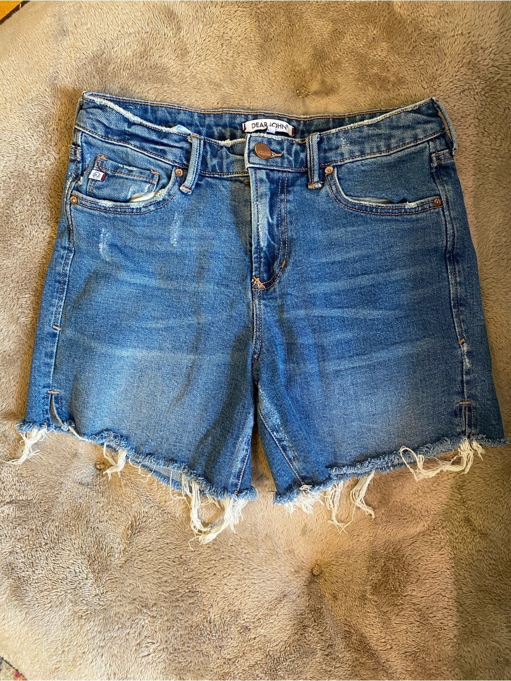 Dear John Medium Blue Denim Cutoff Shorts with Frayed Hem